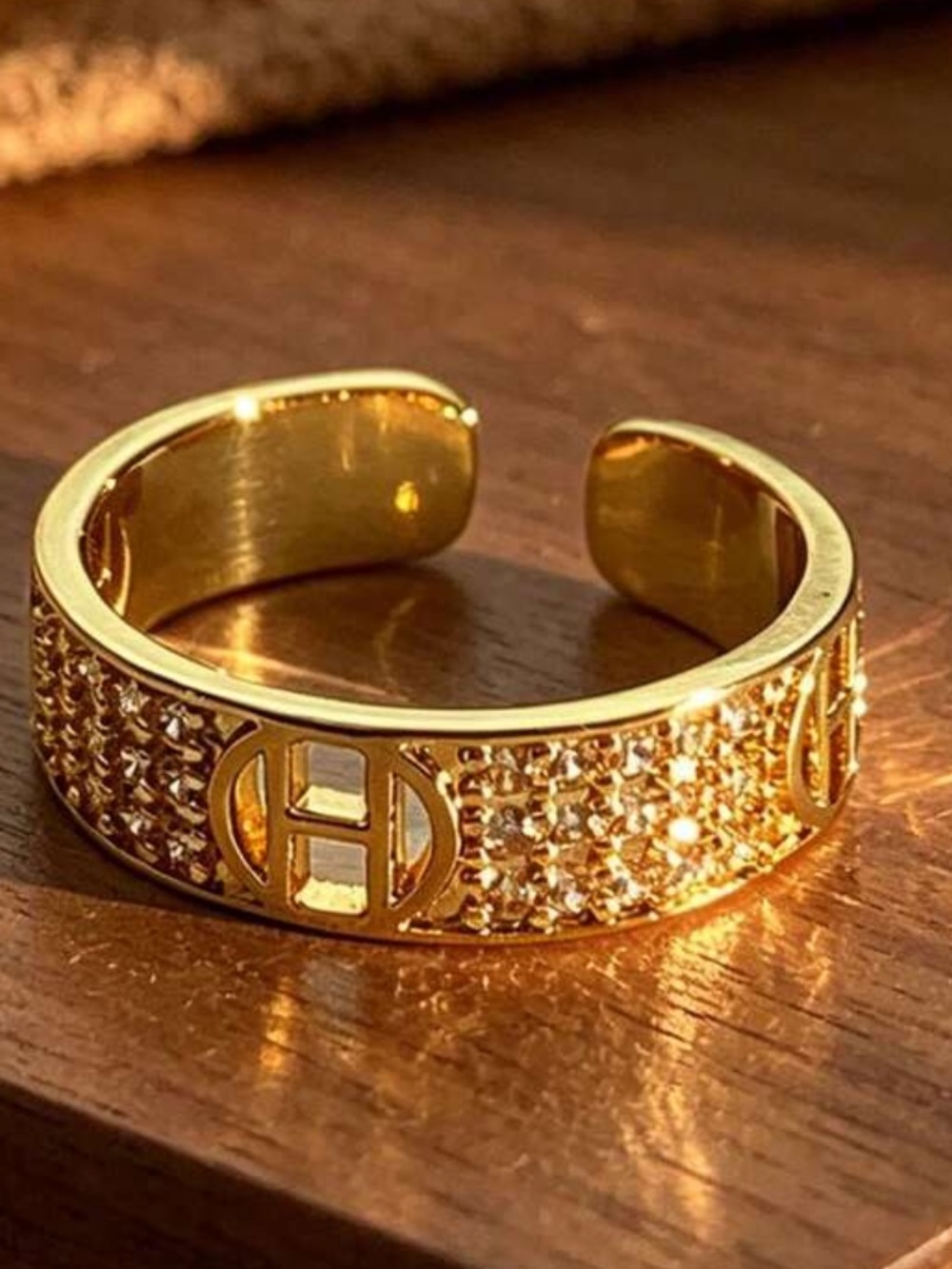Gold-Tone Crystal Pavé Letter H Open Band Ring/ OS
